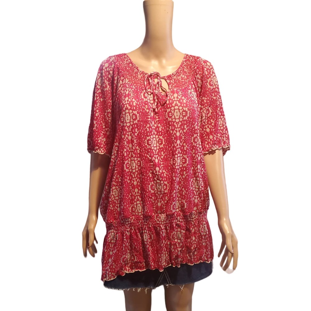 NEW Croft & Barrow 2X Blouse Pink Floral Ruched Neckline and Hem Front Tie Flowy